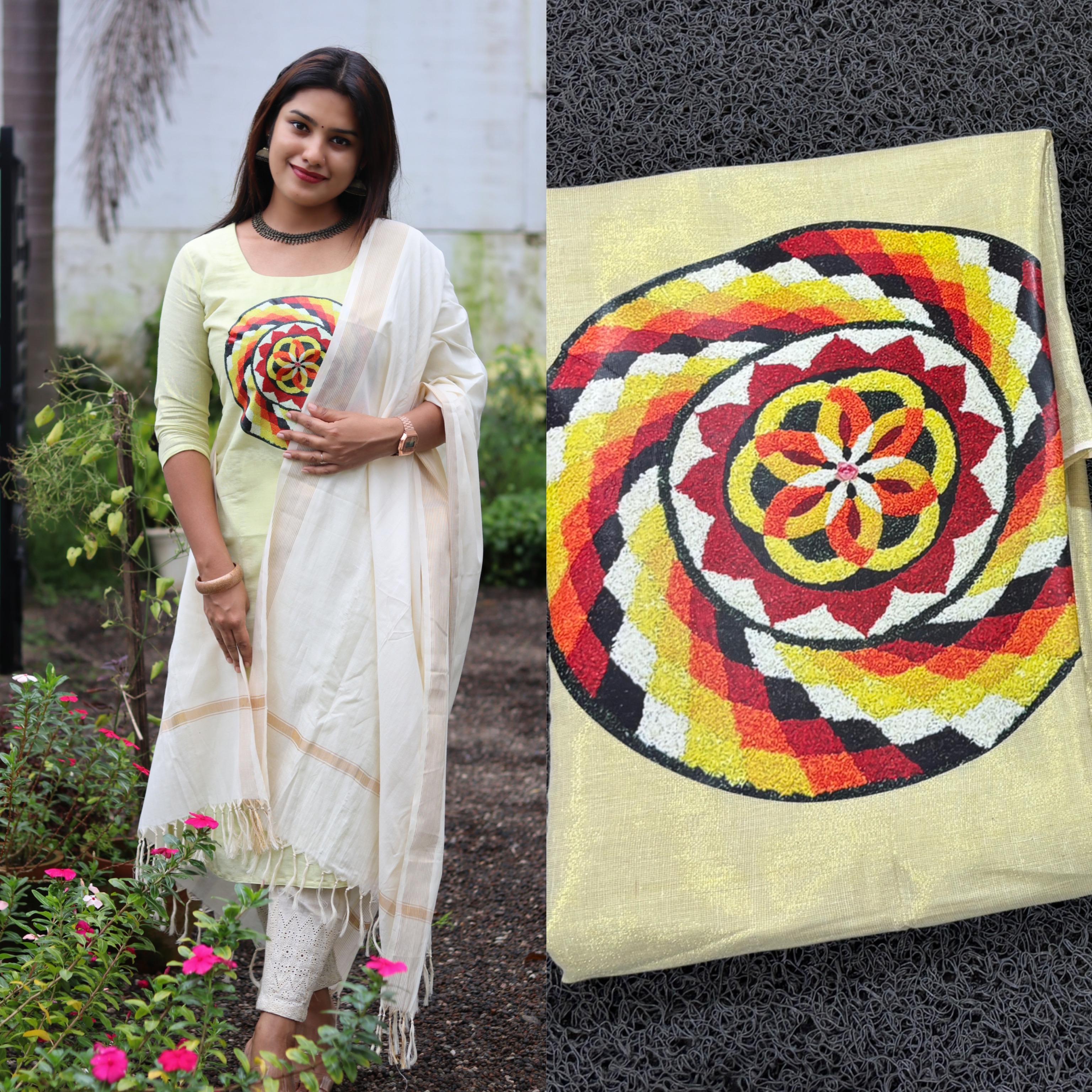 Womens Athapookalam Golden Tissue Chudi Full Set Material