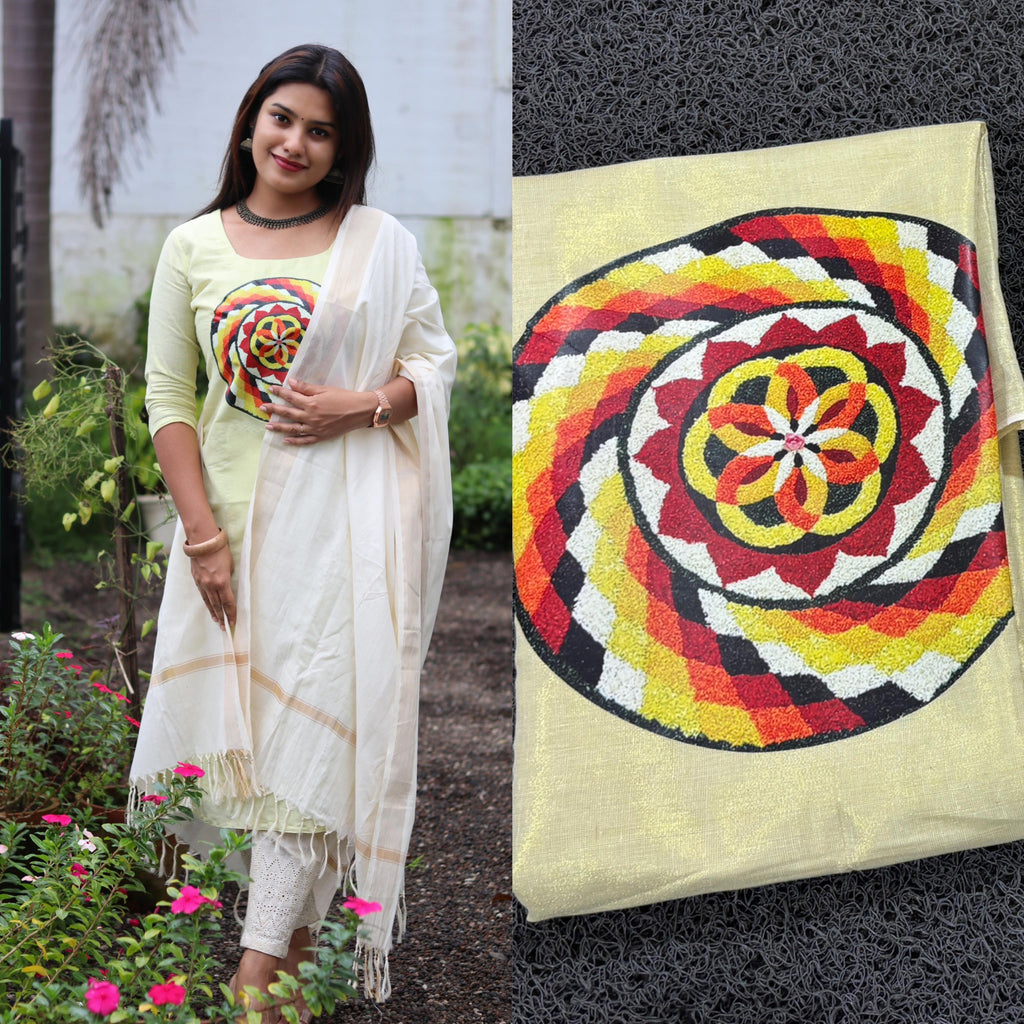Womens Athapookalam Golden Tissue Chudi Full Set Material