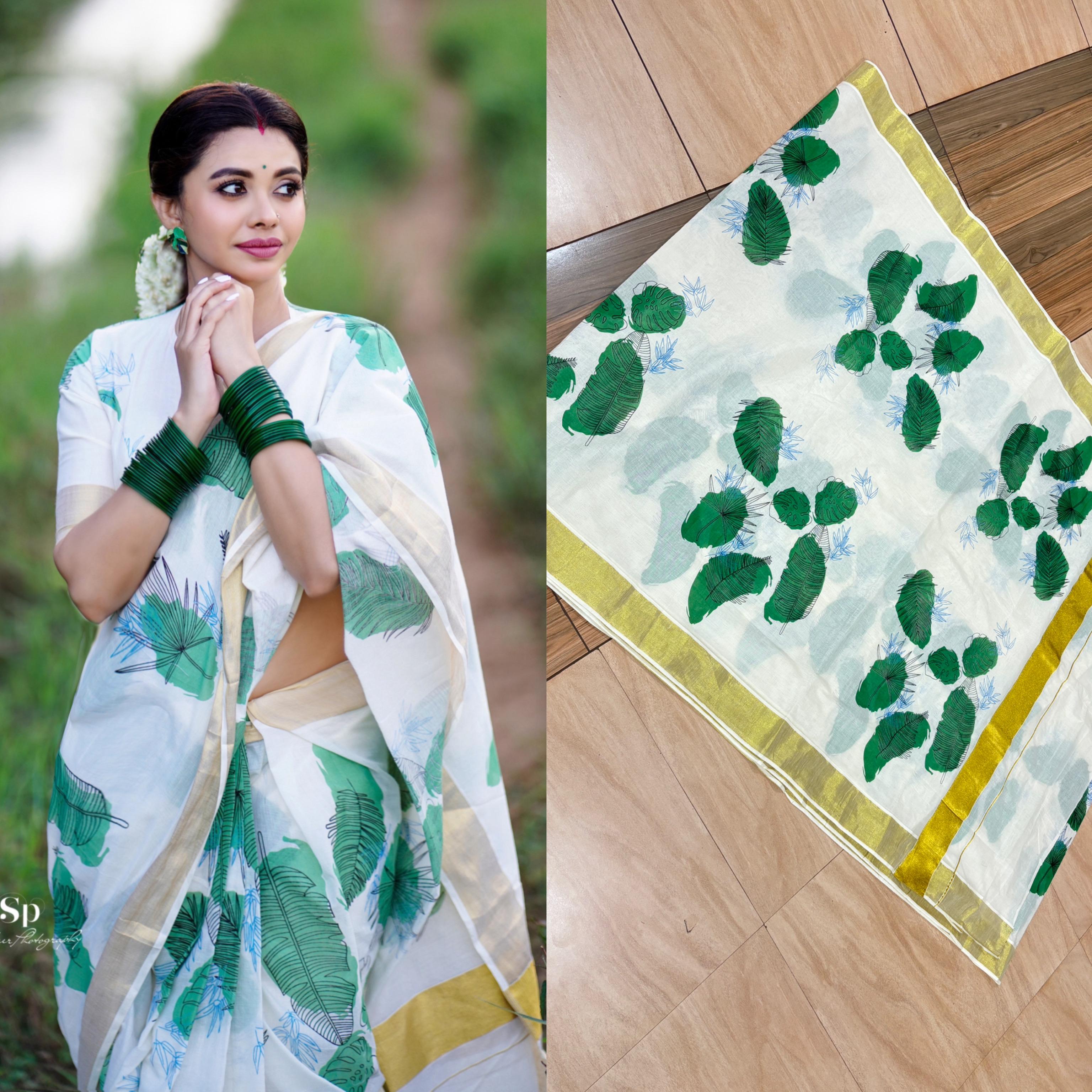 Womens Green Leaf Onam Special saree